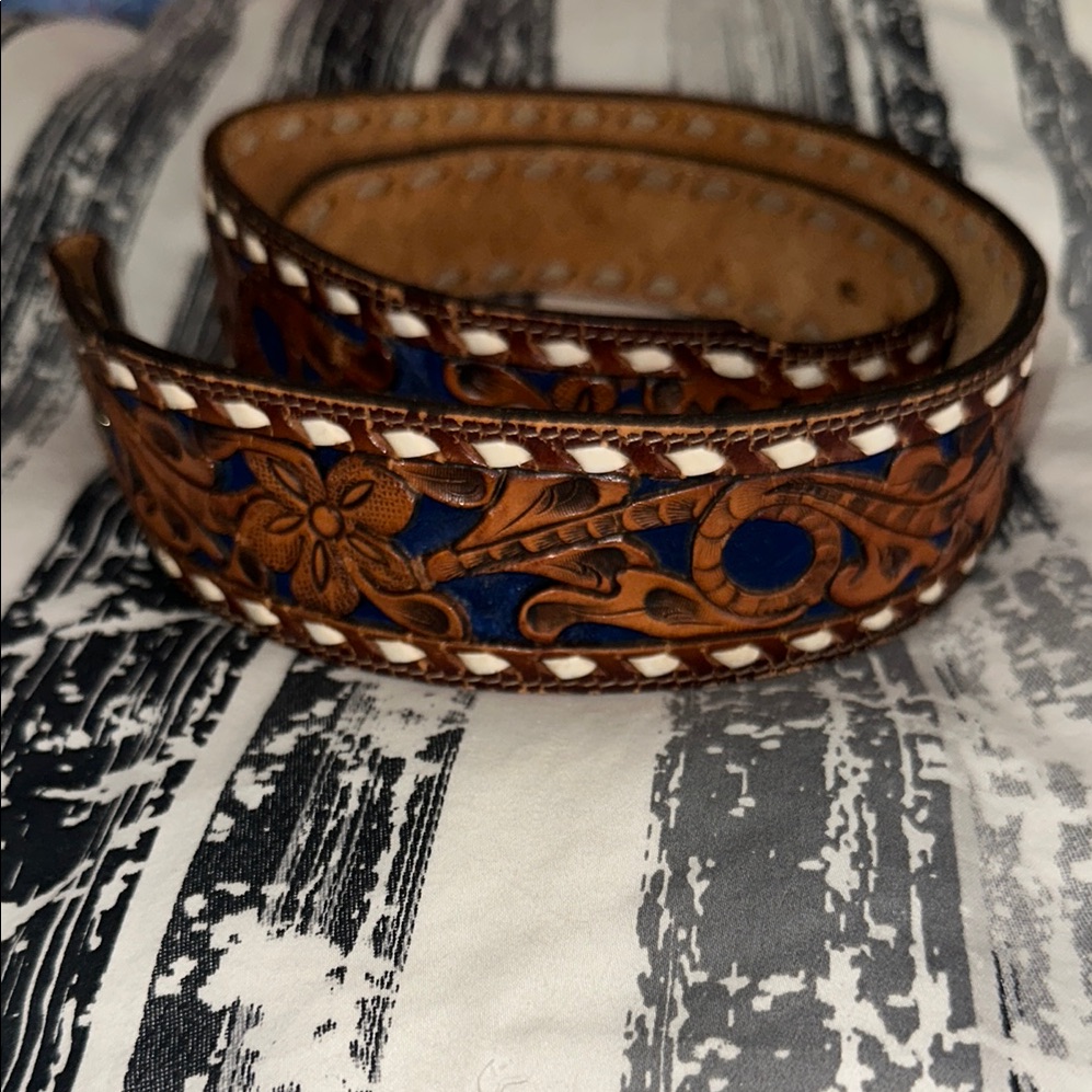 Tony Lama Brown And Blue Floral Leather Belt